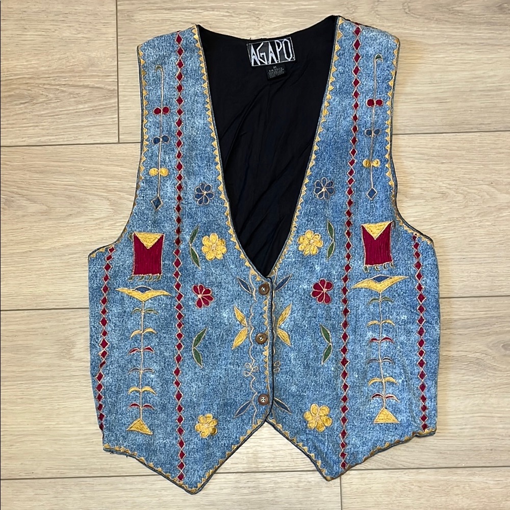 Vintage Agapo Embroidered Denim Vest Boho Folk Western Button Front Size Medium